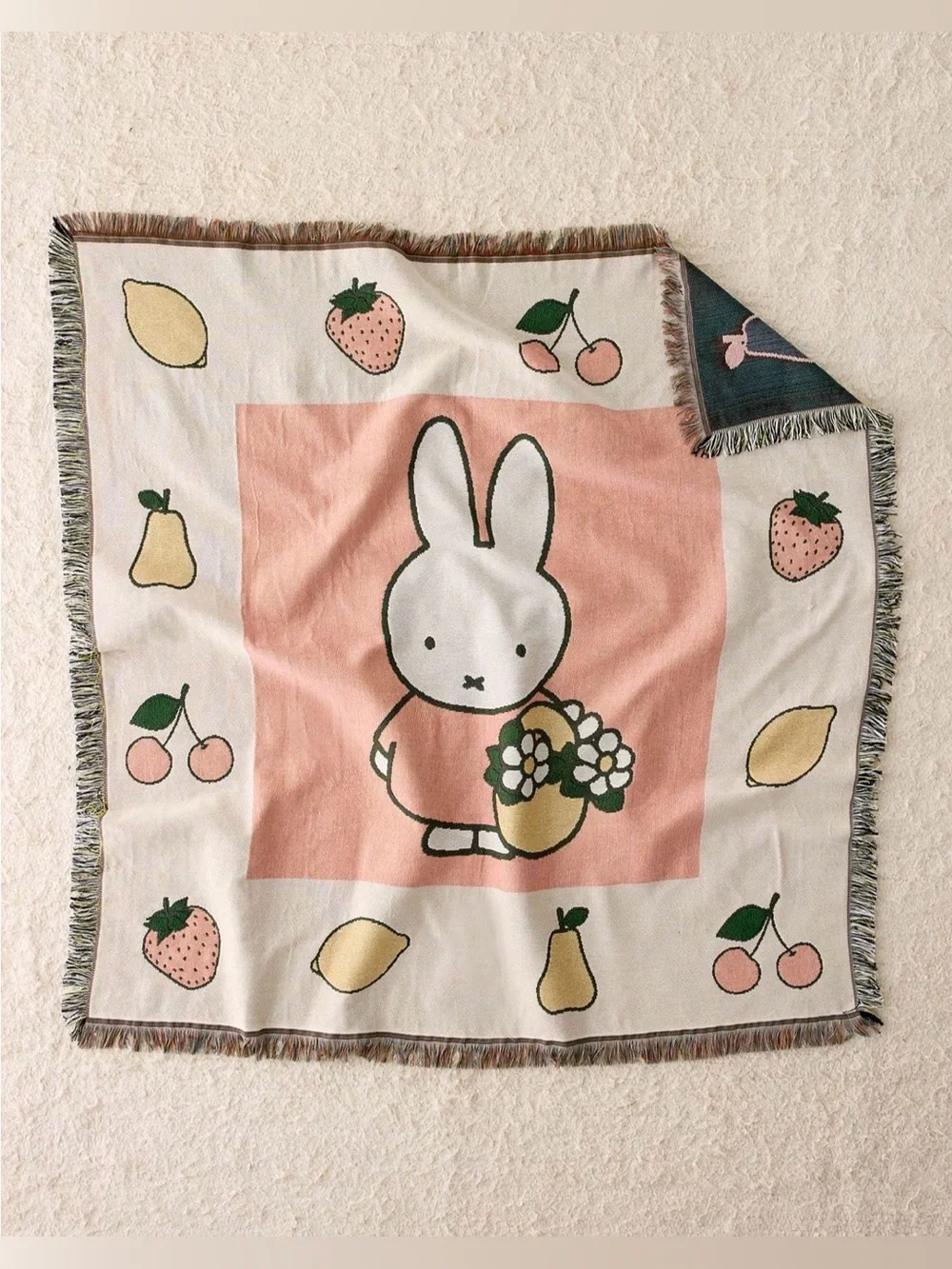 miffy Cream and Pink Bunny Fruit Throw Blanket NEW NWT